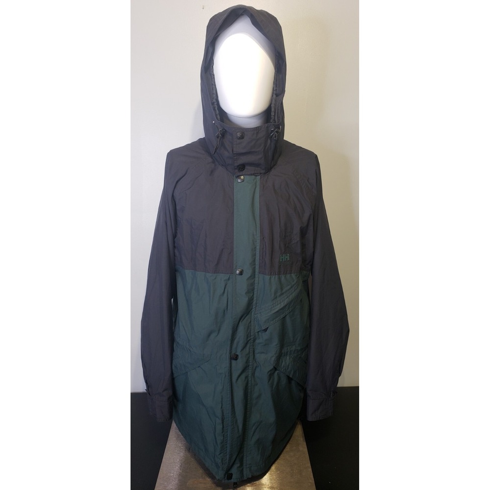 Helly-Hansen Medium Weather Jacket Helly-Tech Black Green Snap Hide Away Hood